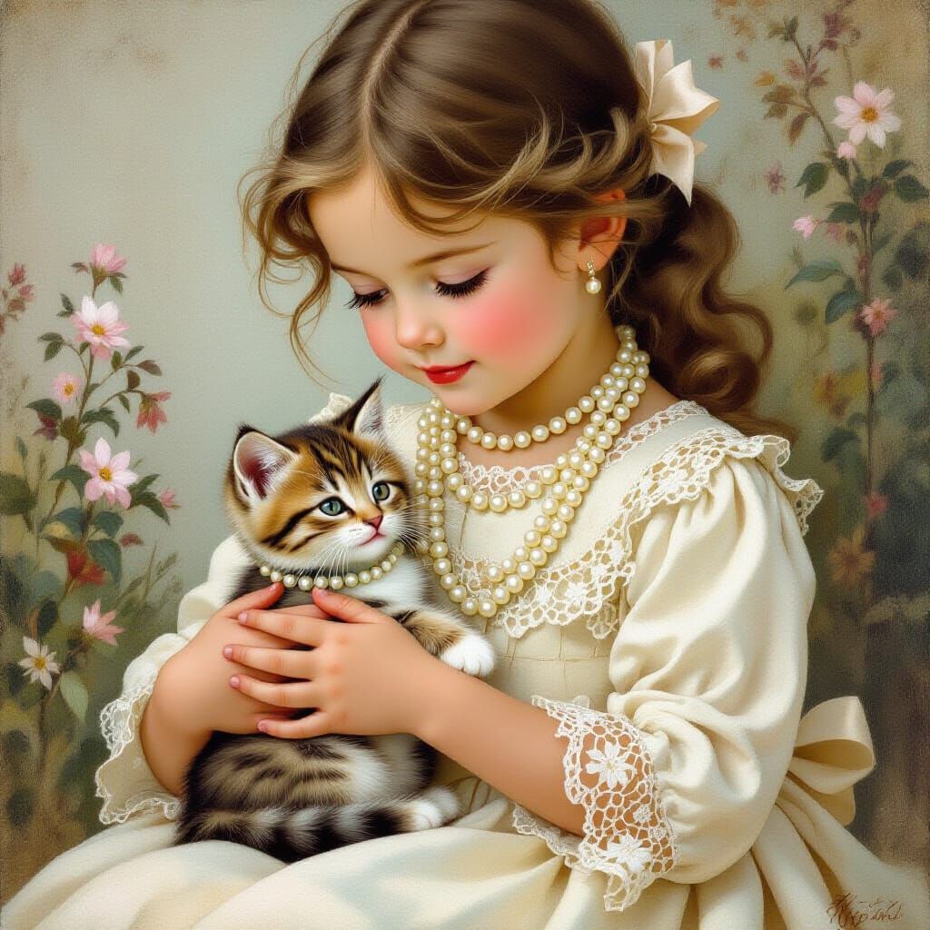 Girl and Kitten with Pearls in Dreamy Style