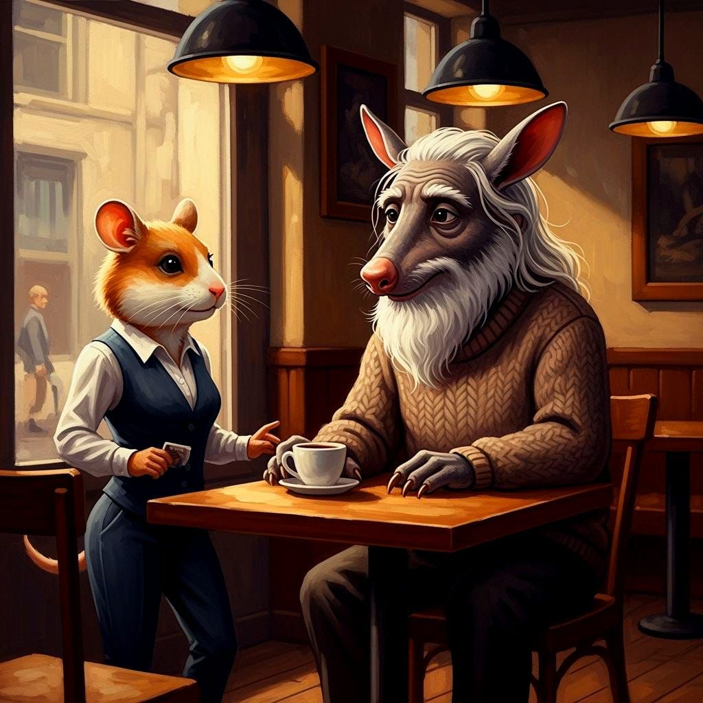 Anthropomorphic Aardvark Meets Hamster in Coffee Shop