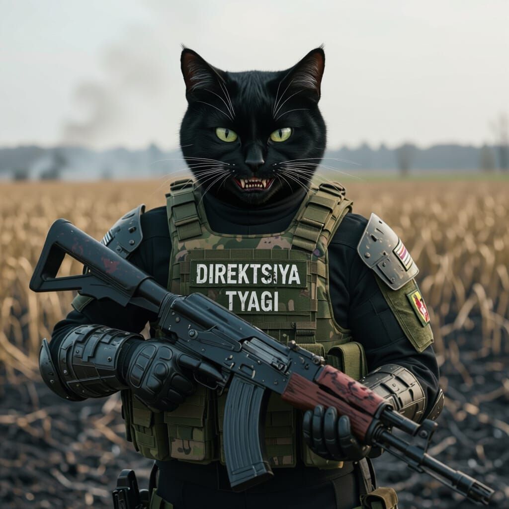 Anthropomorphic Cat Soldier with Bloody Smile, Cinematic Fil...
