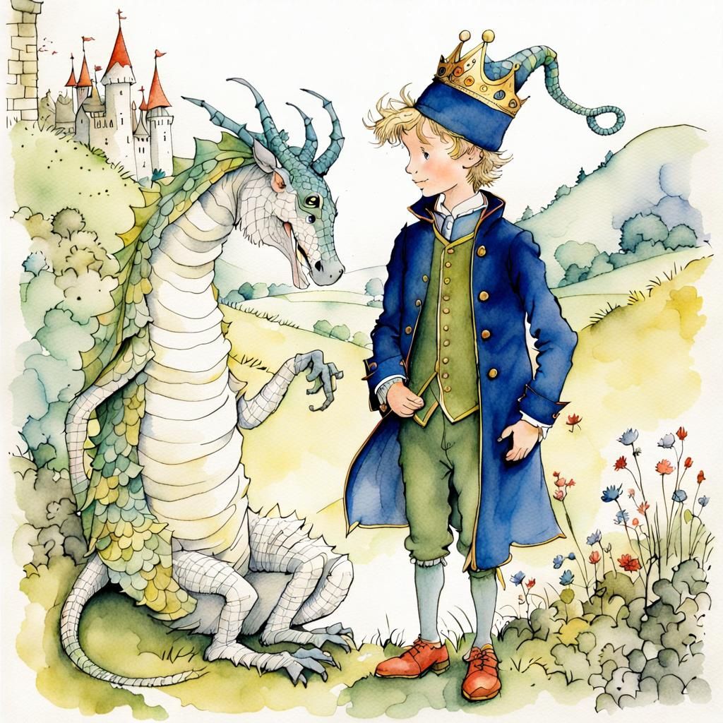 Fairy Tale Prince and Dragon, Watercolor Illustration