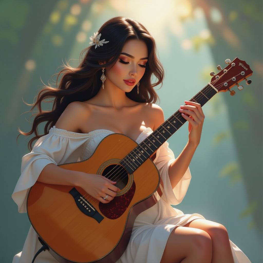 Woman Emerges from Guitar with Flowing Hair