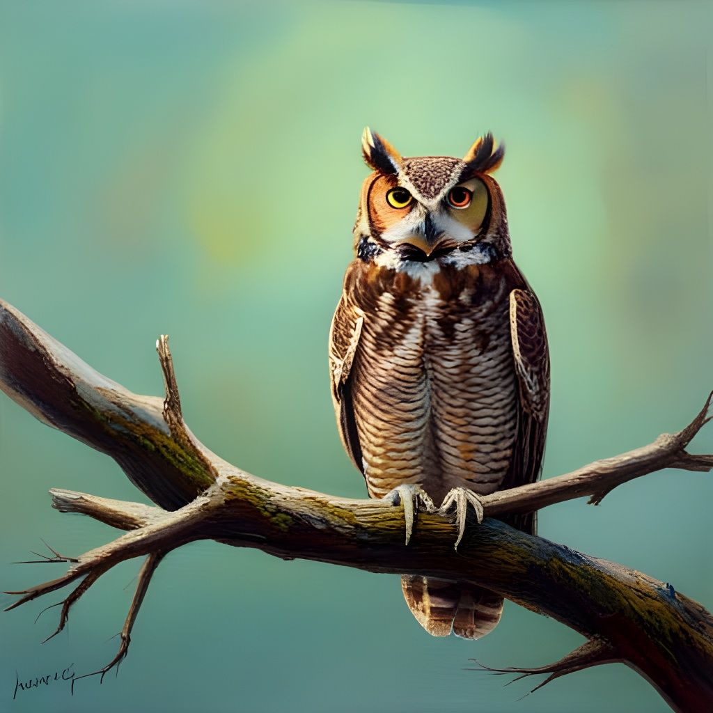 Great Horned Owl in Woods, Oil Painting Style