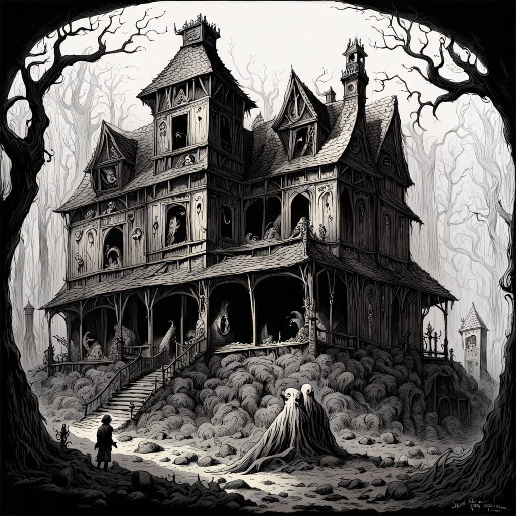 Mysterious Gothic Hideaway in Ink Drawing Style