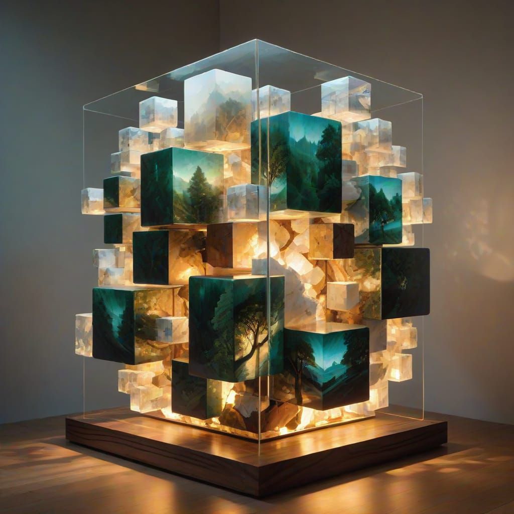 Abstract Sculpture of Interlocking Cubes with Nature and Cit...