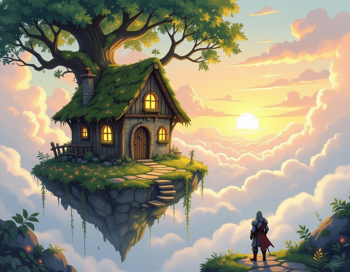 Floating Island Treehouse in Watercolor Dreamscape