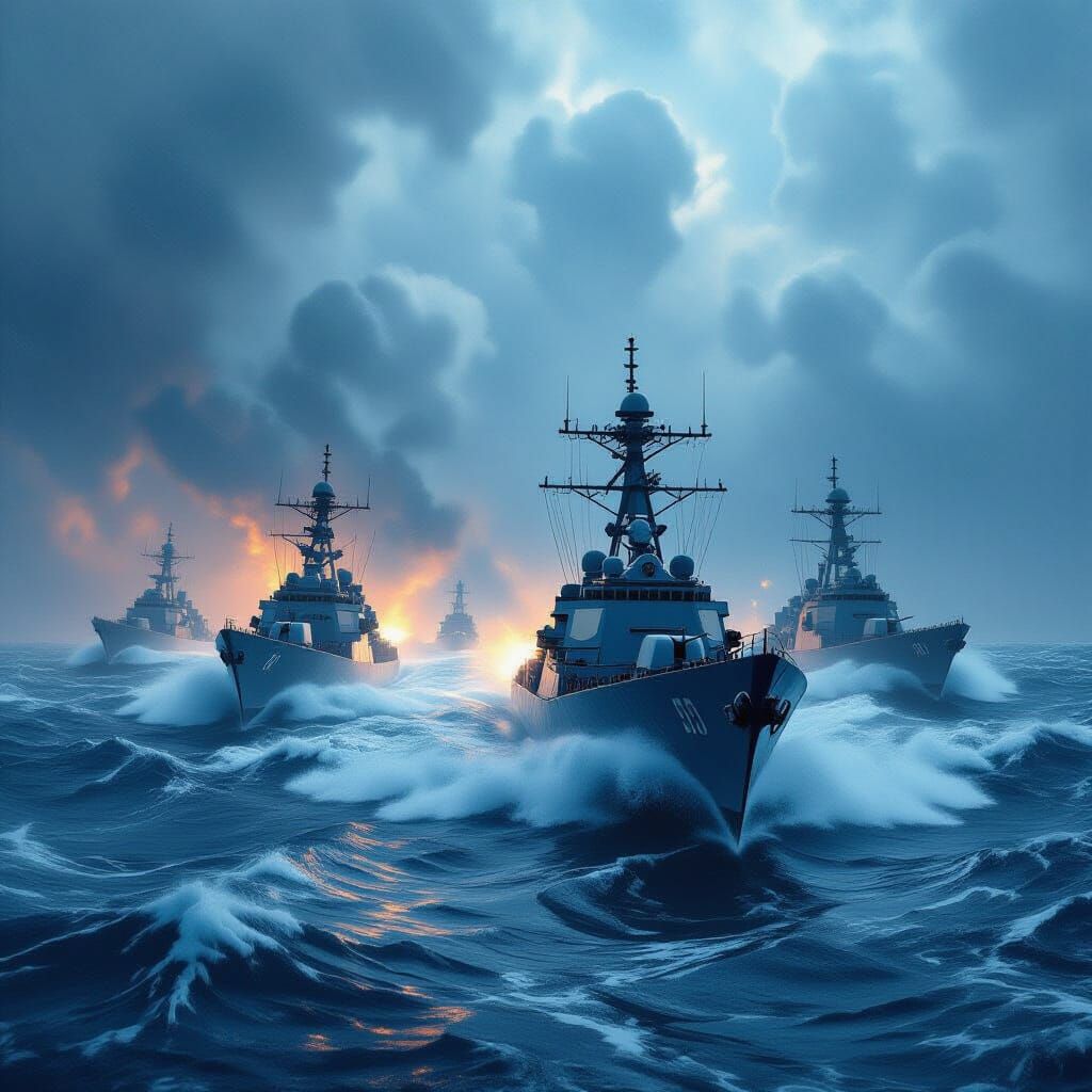 Navy Warships in Stormy Seas: Digital Matte Painting