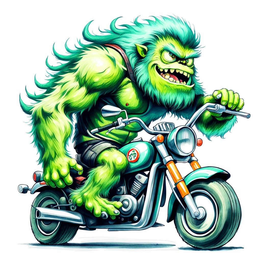 Hairy Green Monster on Motorcycle: Pencil Sketch