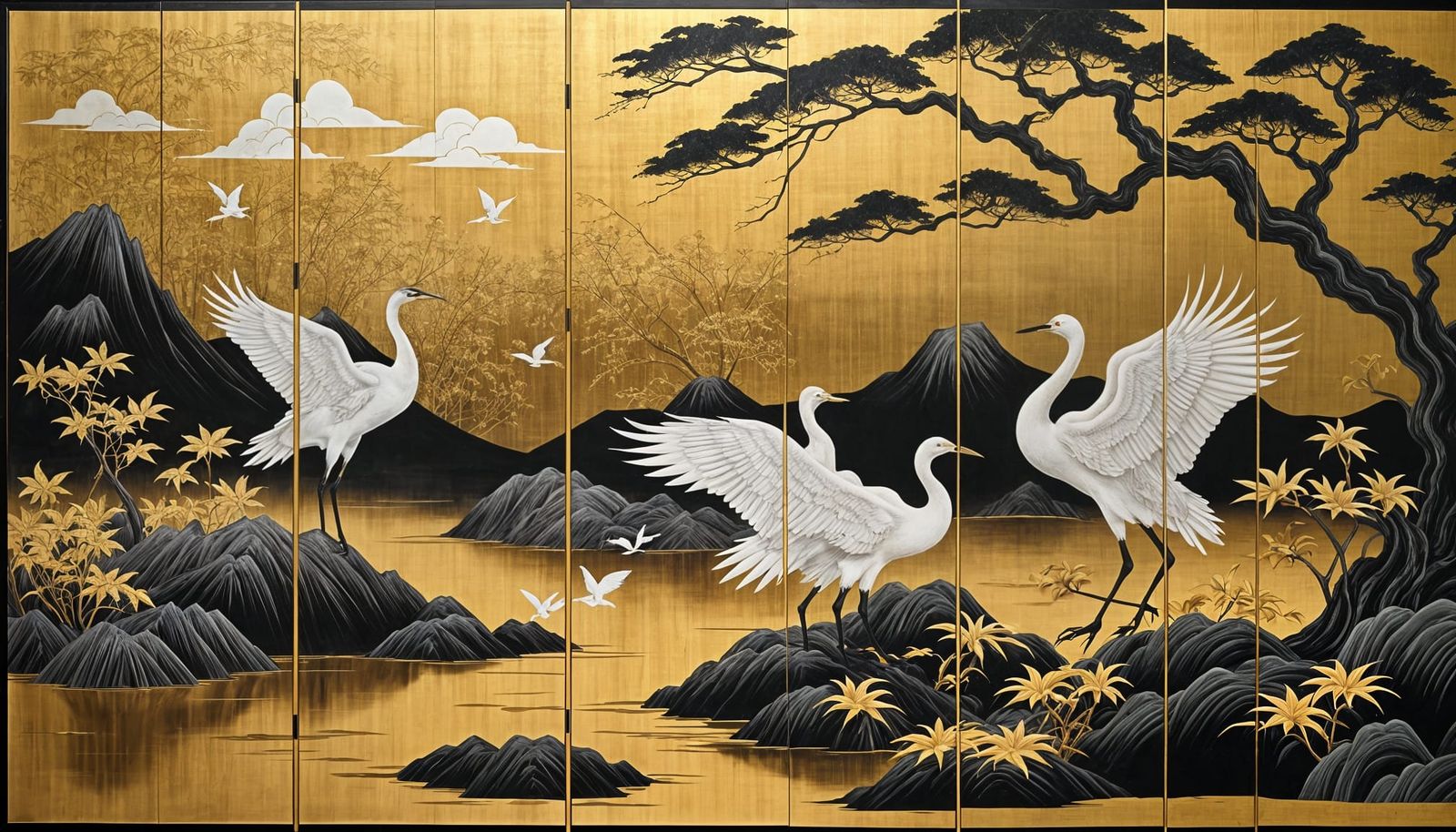 Japanese Screen with Cranes in Ohara Koson Style