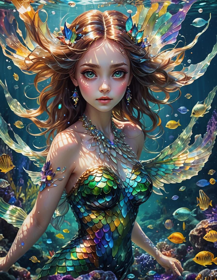 Winged Mermaid Undersea with Broken Glass Effect