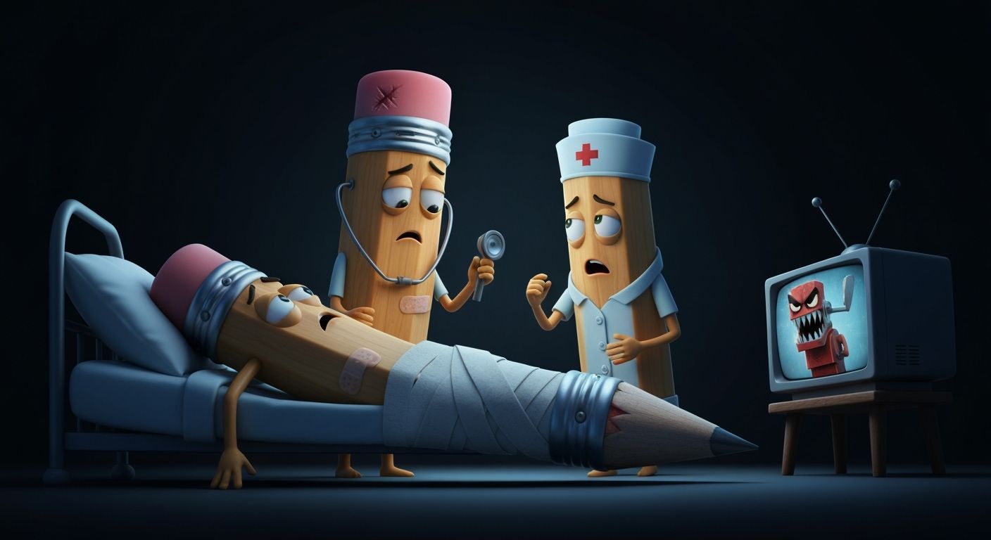 Injured Pencil Character in Animated Film Style