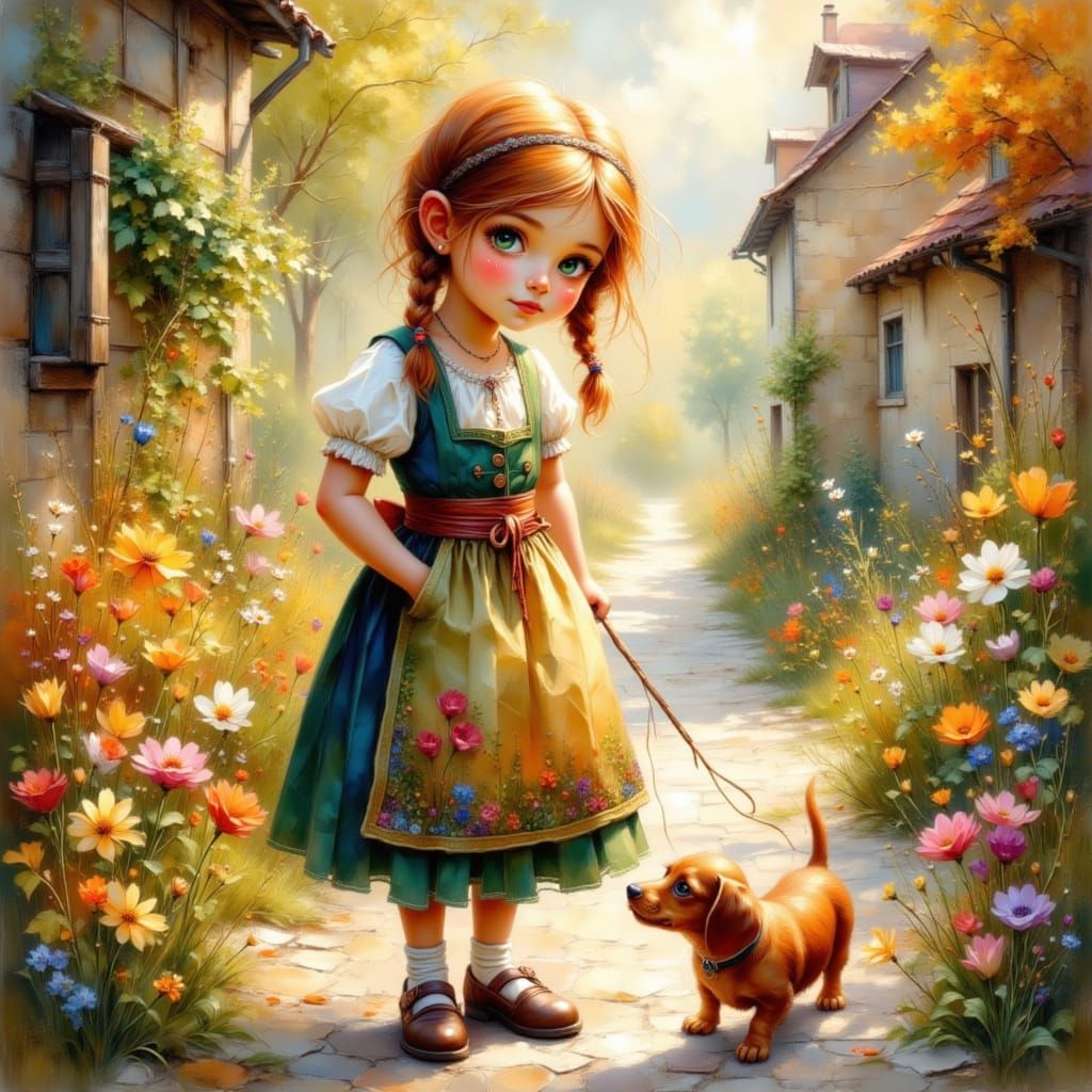 Bavarian Toddler Girl Walks Dachshund in Golden Hour