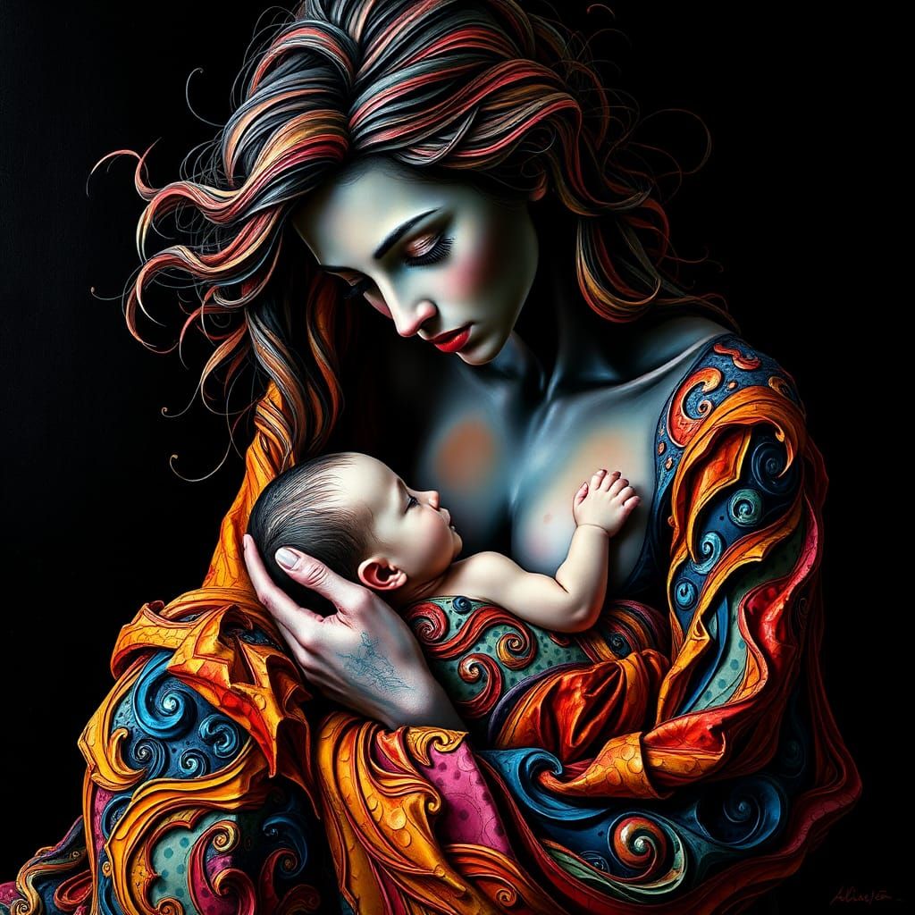 Mother and Child: Fractal Abstract Portrait in Expressionist...