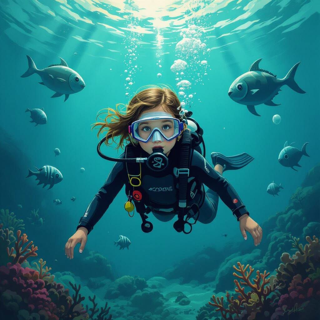 Girl Scuba Diving in Dreamy Underwater World