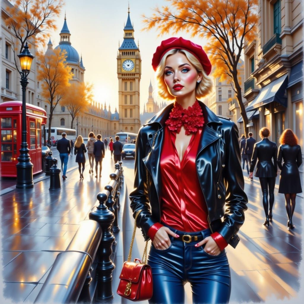 Woman in Vintage Fashion Strolls Through London in Watercolo...