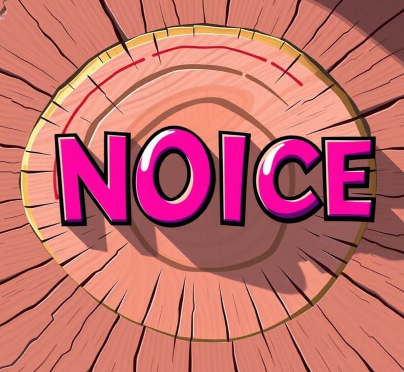 CARTOON logo says NOICE, conveys the logo written on a wooden cartoon slab with cartoon style paint in FUCHSIA with stun...