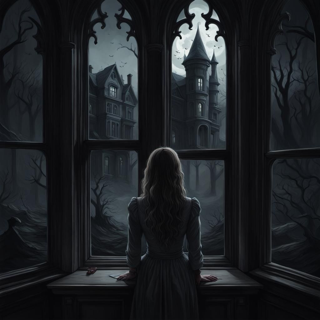 Ghostly Woman in Gothic Manor, Hyperrealistic 3D