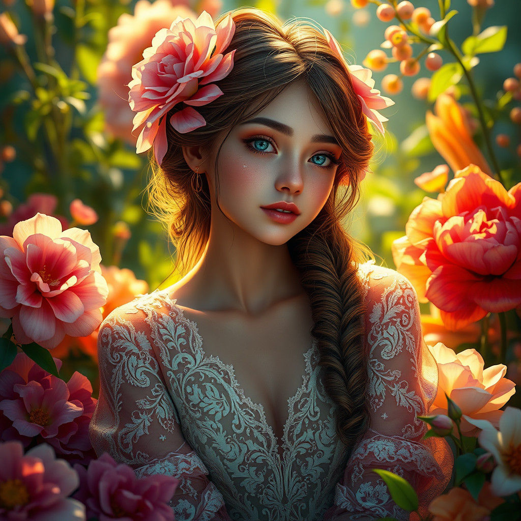 Fantasy Flower Girl Portrait in Art Nouveau Style