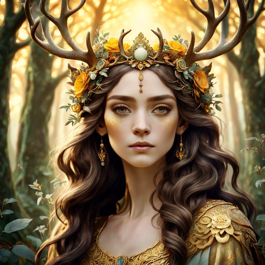 Goddess with Antler Crown in Klimt Art Nouveau Style