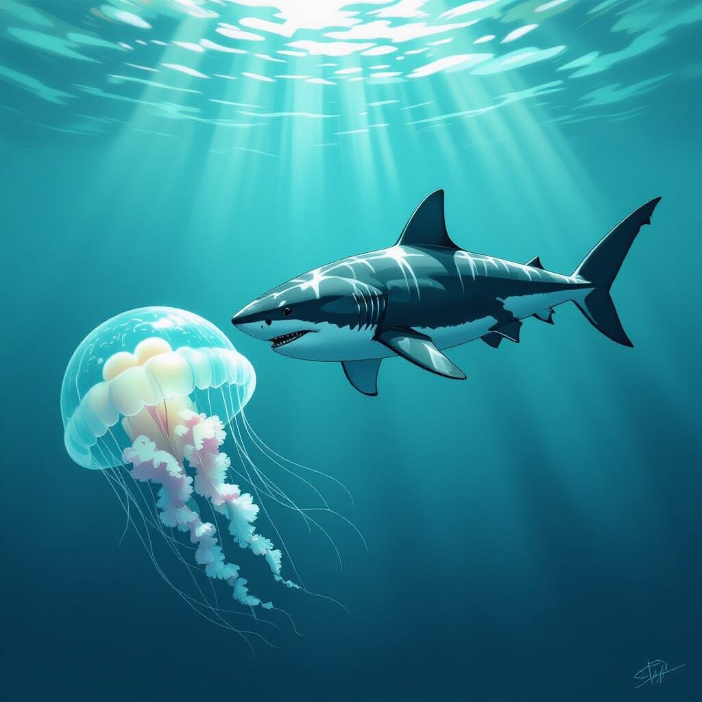 Shark in Wetsuit Swims with Jellyfish in Deep Ocean
