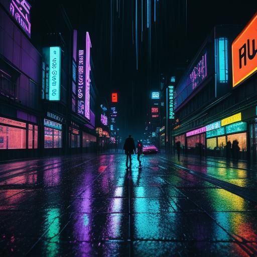 Cyberpunk Cityscape: Neon Reflections in Heavy Rain