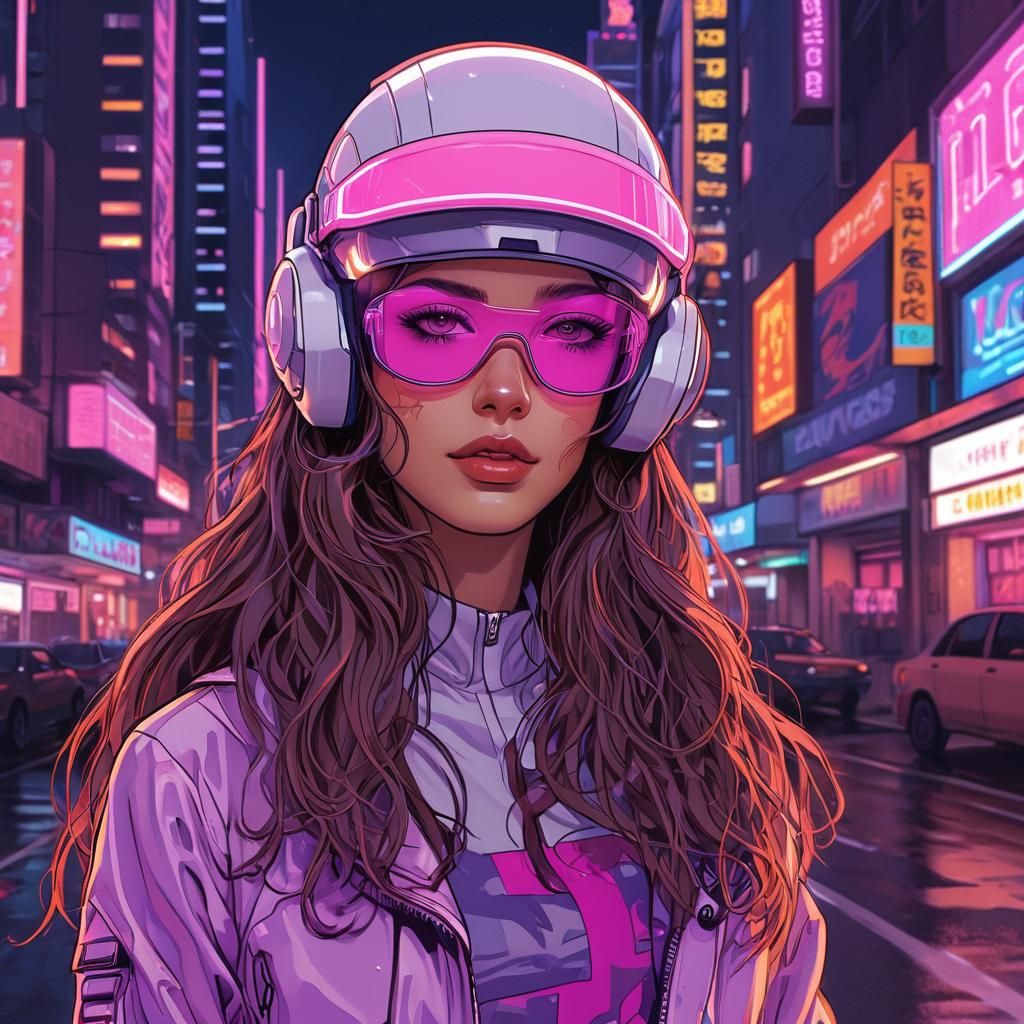 Vaporwave Cyborg Woman in Neon Cityscape