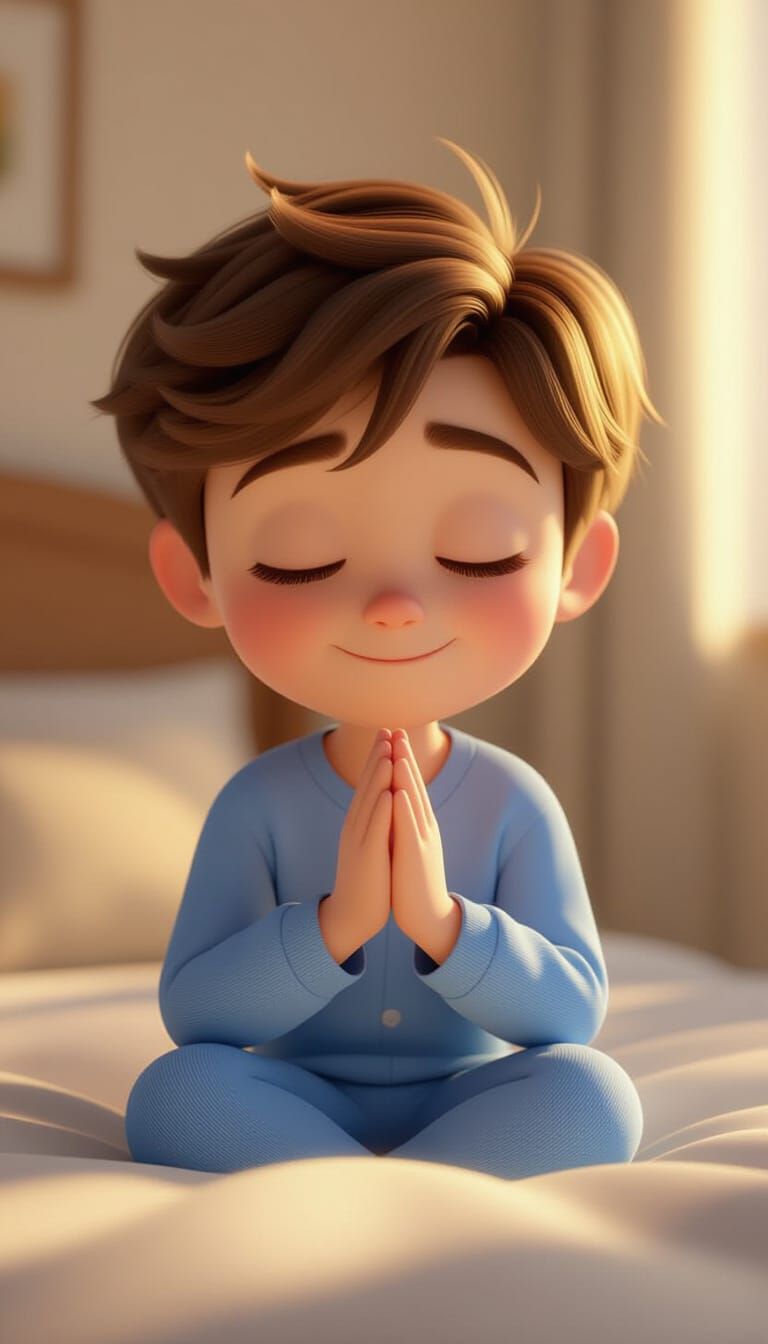 Cartoon Boy Liam Praying Beside Bed in Morning Light