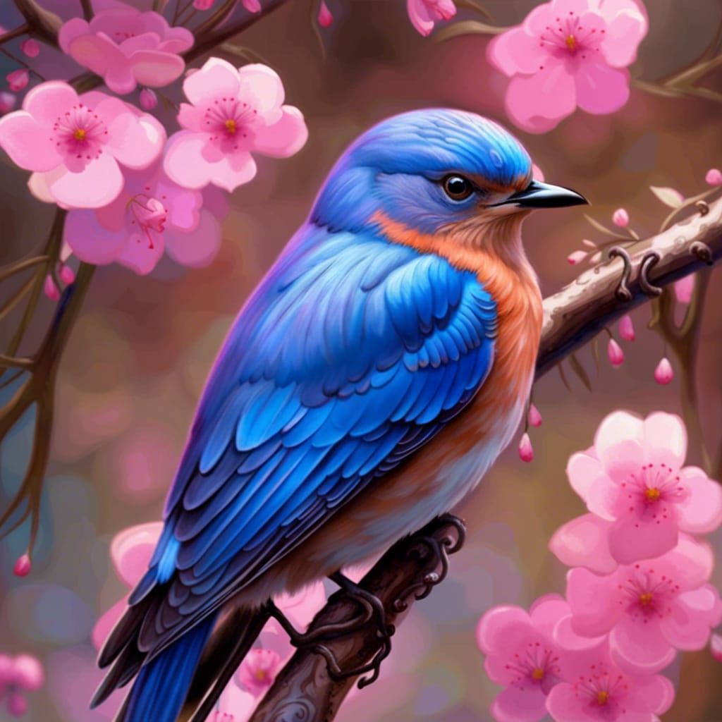 Bluebird with Flowers in Expressionist Style