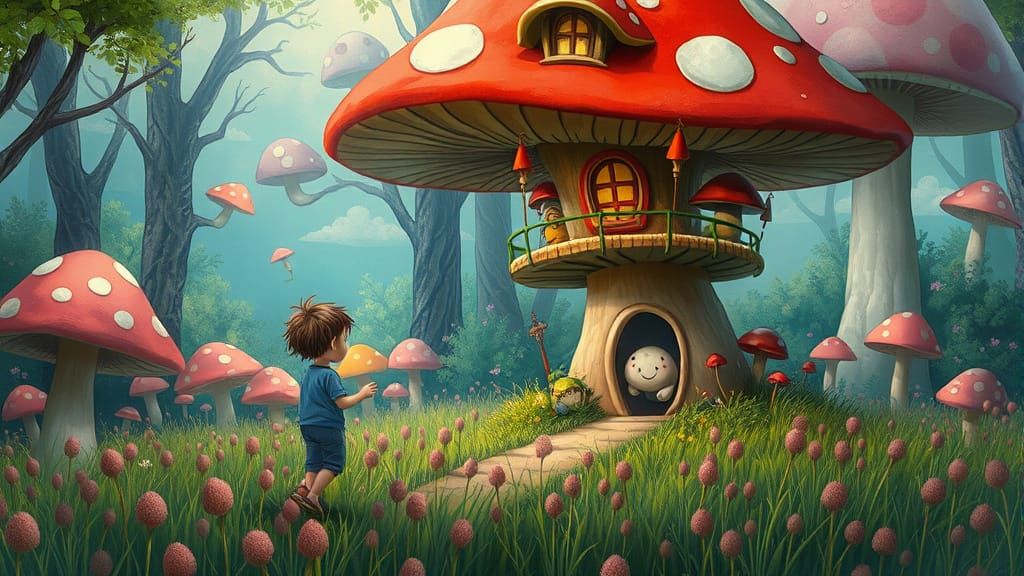 Whimsical Child Enters a Dreamlike Mushroom Village