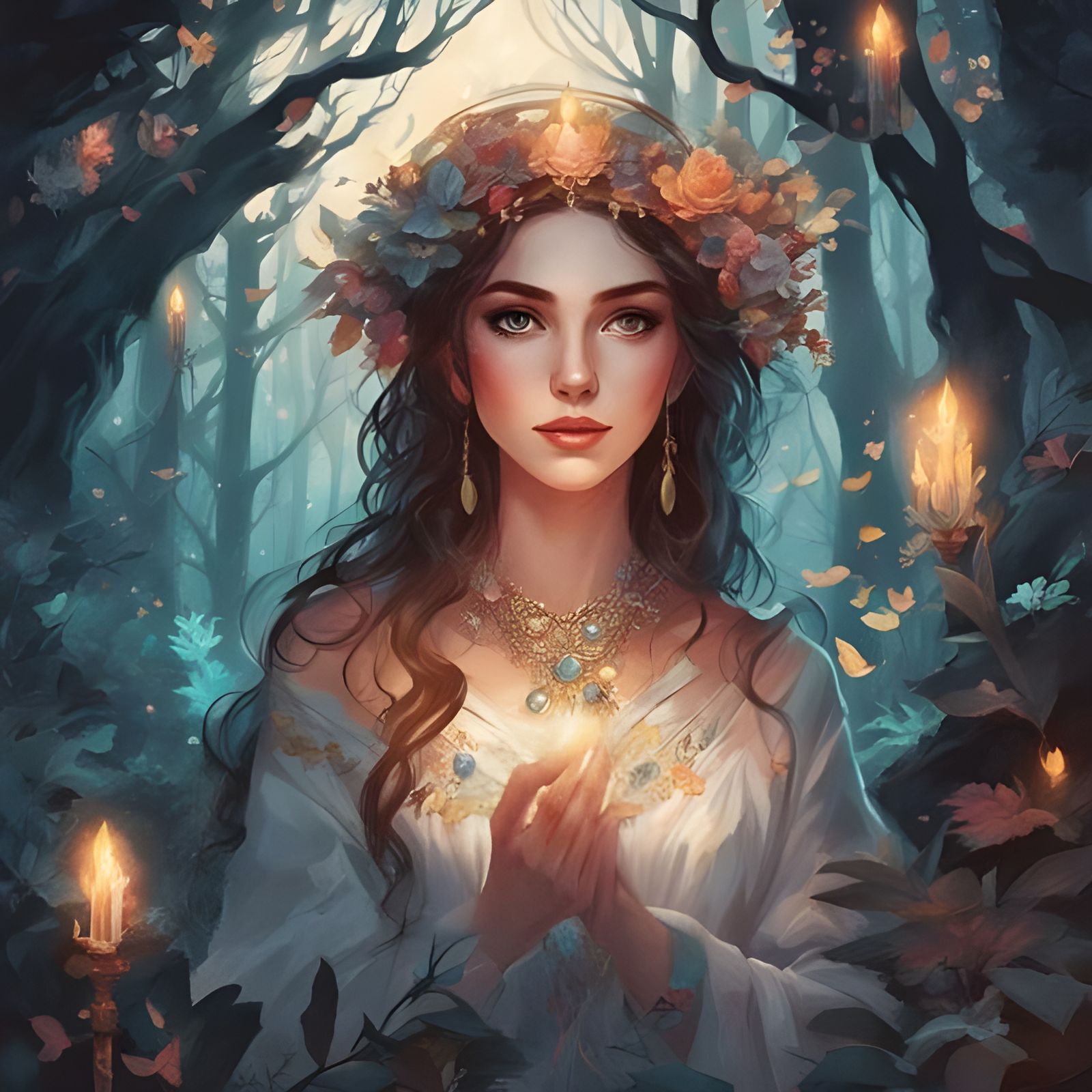 Glowing Spanish Girl in Dark Magic Forest, Royo Style