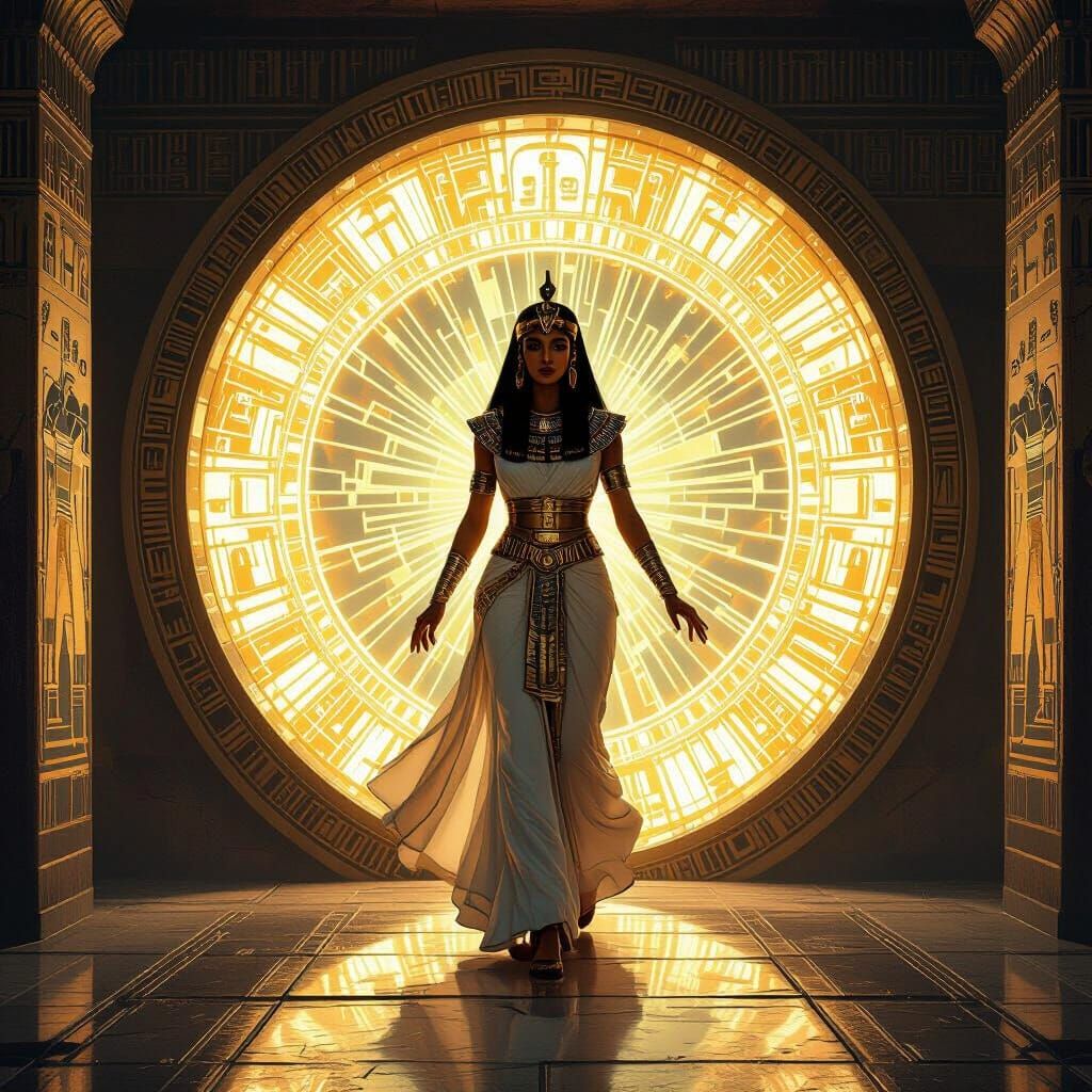 Egyptian Queen Steps Through Portal, Art Nouveau Style
