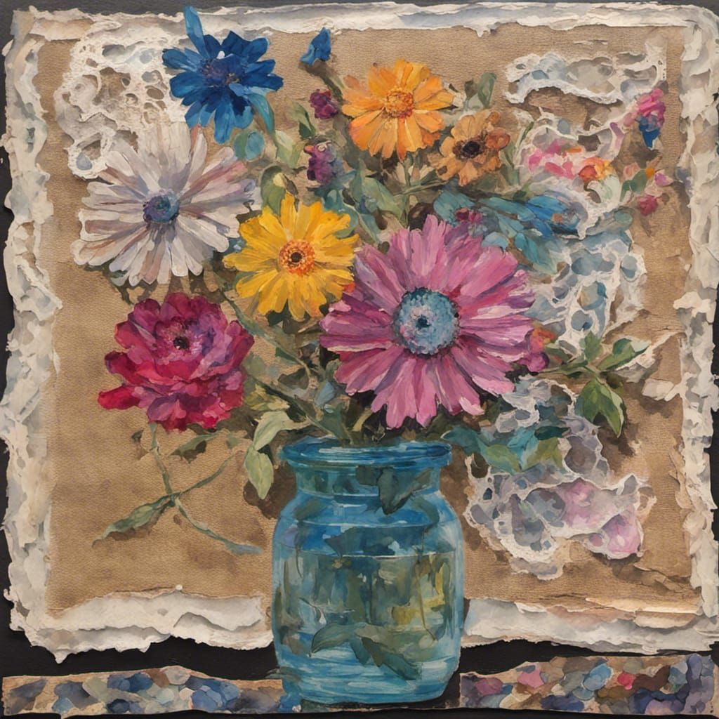 Cosmos in Glass Vase: Impressionist Collage