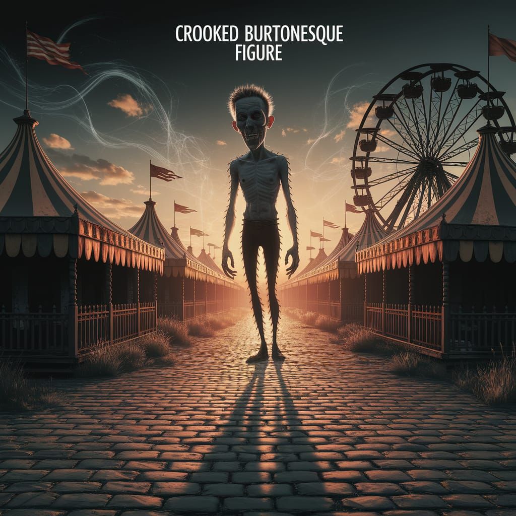 Crooked Figure in Deserted Circus Town: Digital Art