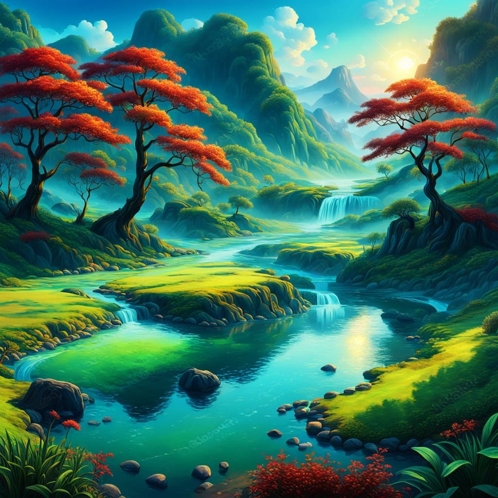 Mystical Jade River Landscape in Surreal Oil Painting