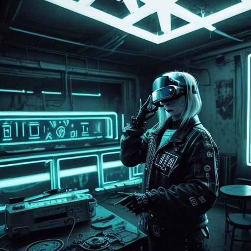Cyberpunk Model in Dilapidated Motel with Neon Sign