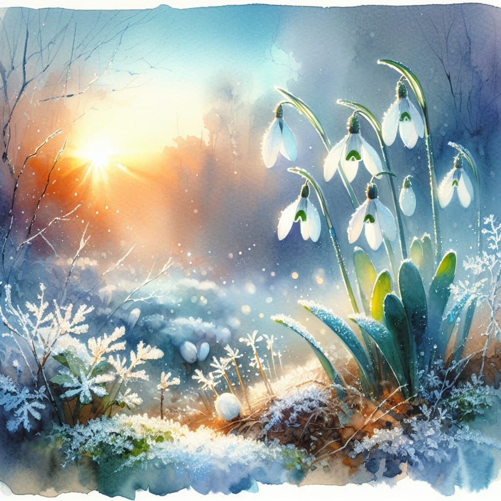 Tranquil Winter Sunrise with Blooming Snowdrops in Watercolo...