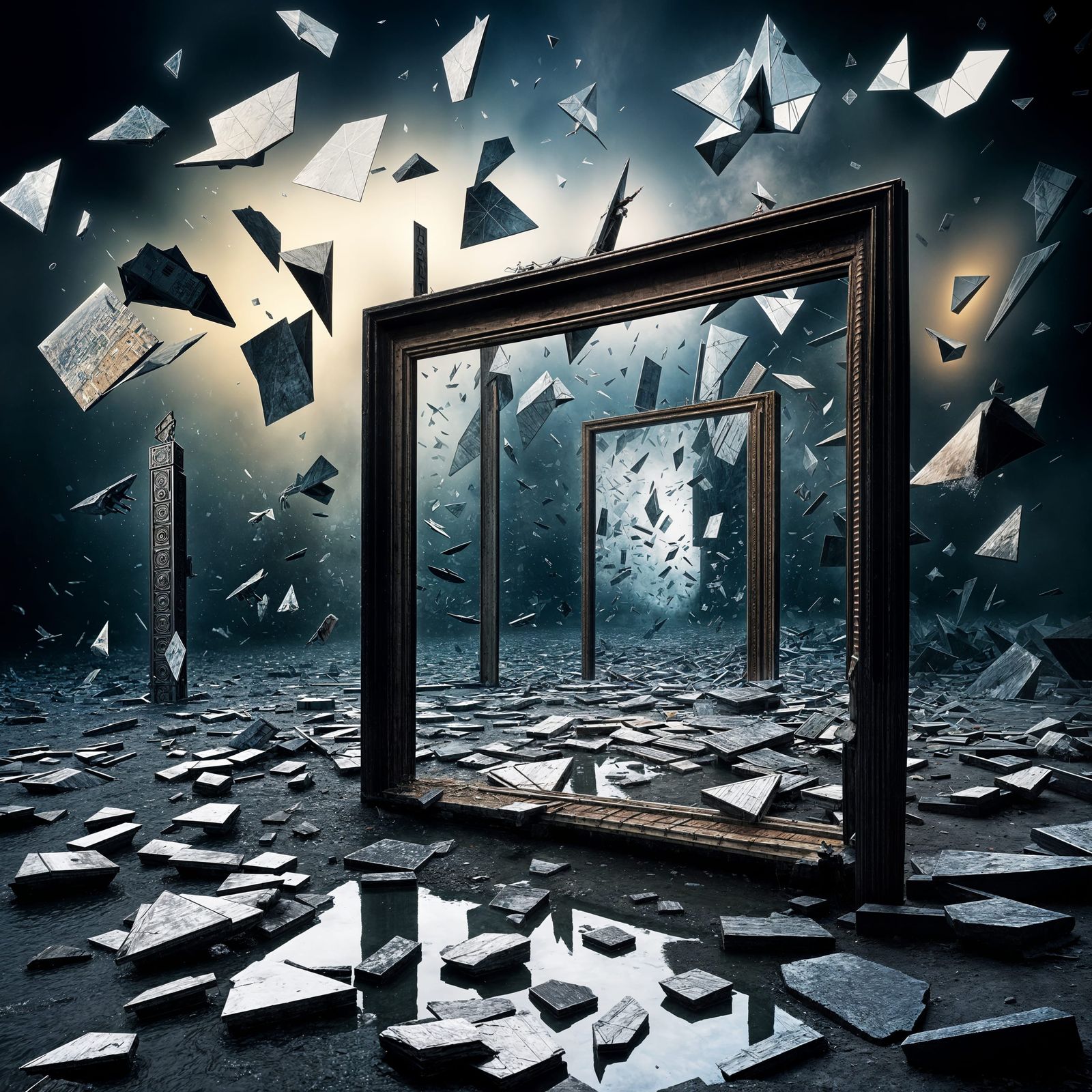 Dramatic Broken Mirror Scene in Surrealist Style