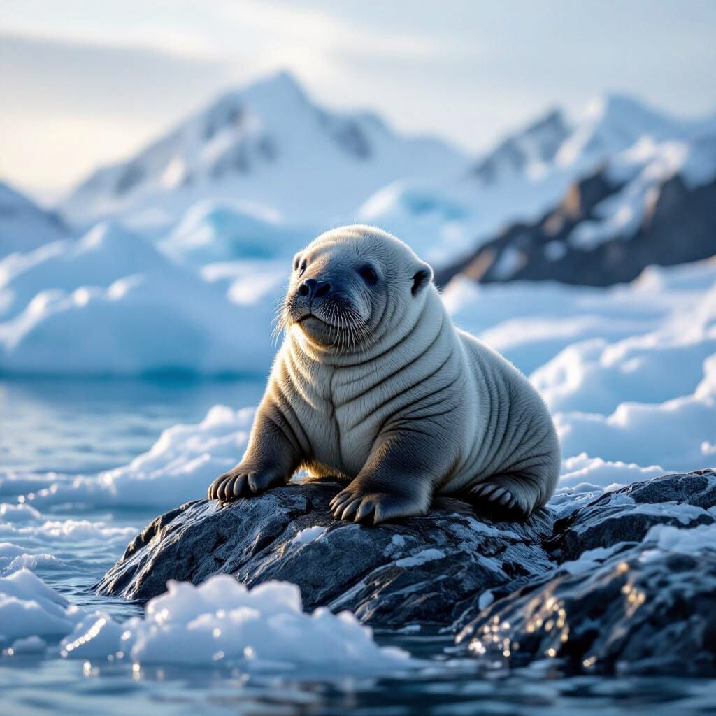 Baby Walrus on Icy Rock: Hyperrealistic Arctic Scene