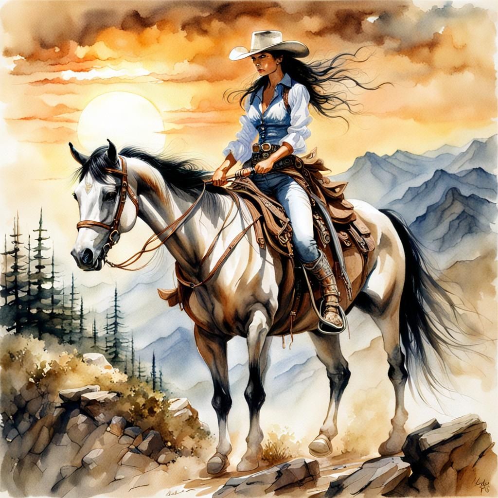 Cowgirl on Horseback at Sunset Watercolor Illustration