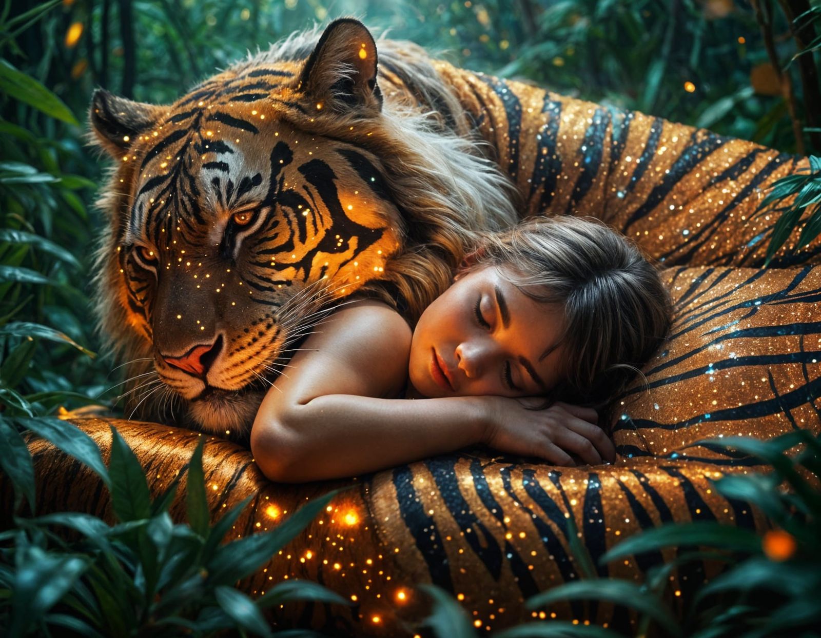 Girl in Tiger's Warm Embrace, Iridescent Glitter Art