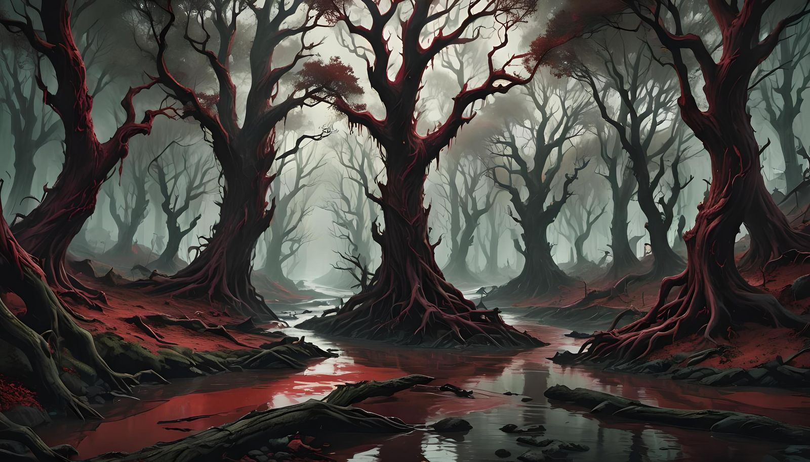 Haunted Forest River Flows with Blood: Digital Painting