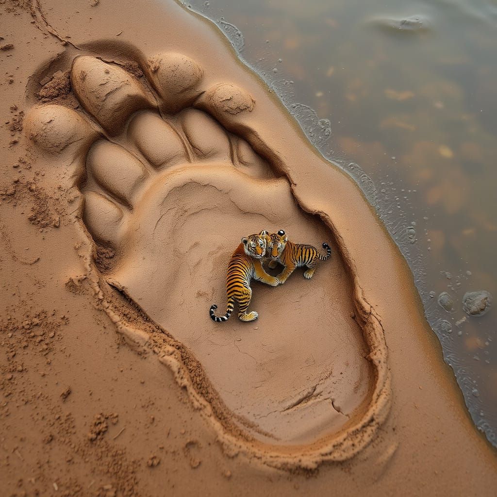Tiger Footprint with Tiger Cubs Playing Scene