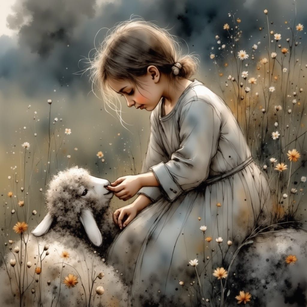 Warm Morning Light on a Young Girl and Her Lamb