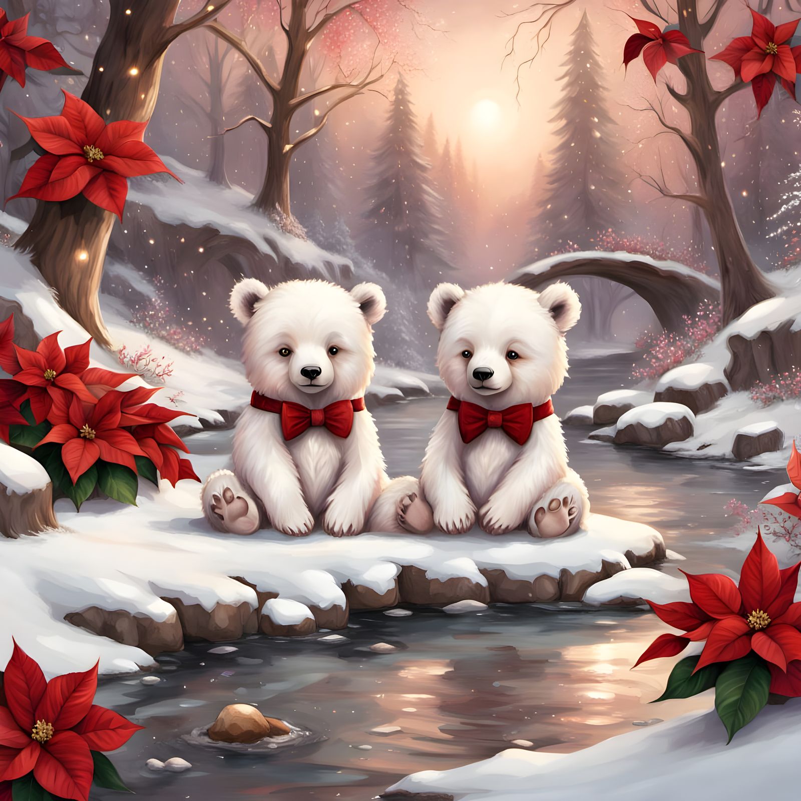 Chibi White Bears in Velvet Bow Ties by Snowy Stream