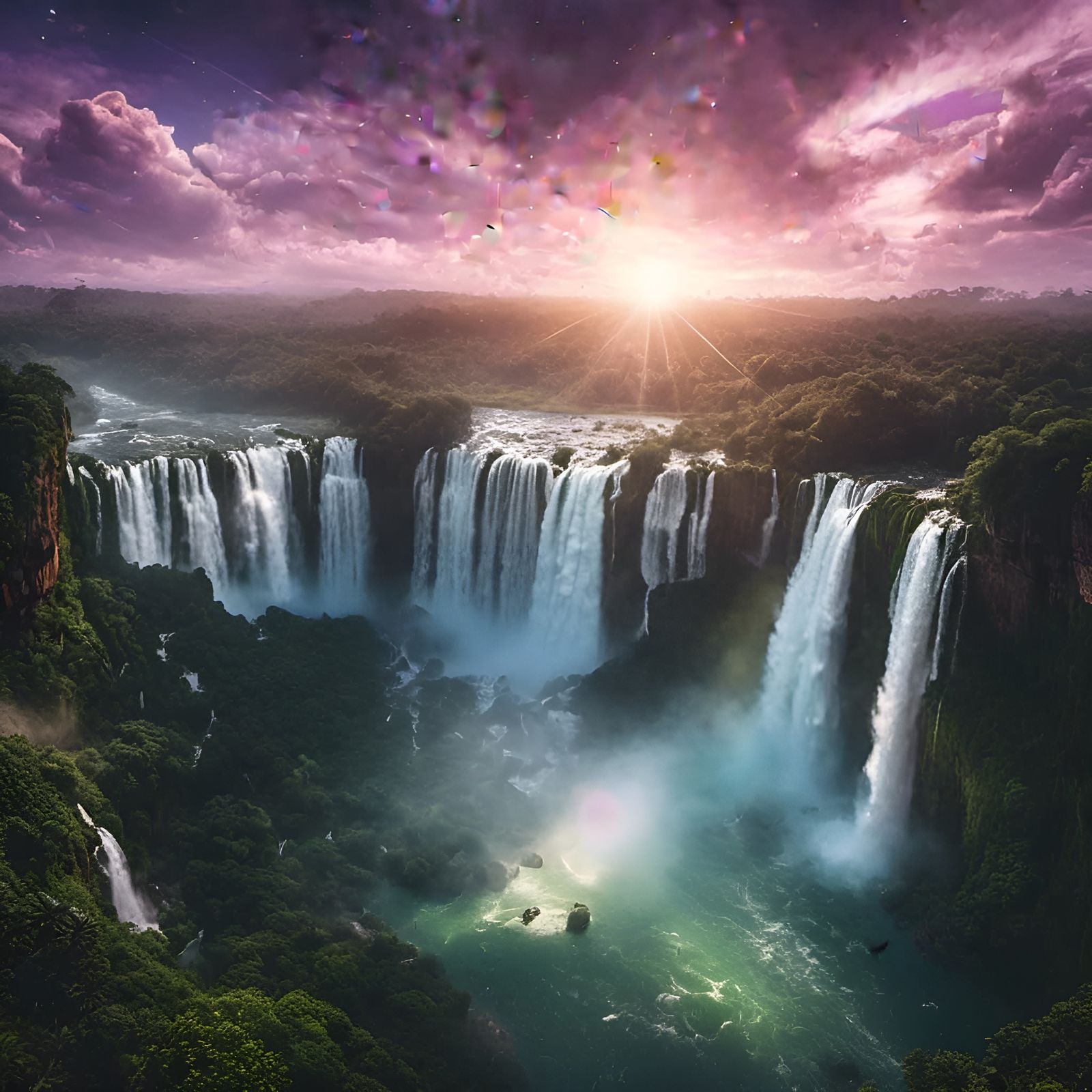 Iguaçu Falls at Night with Heavenly Sunshine