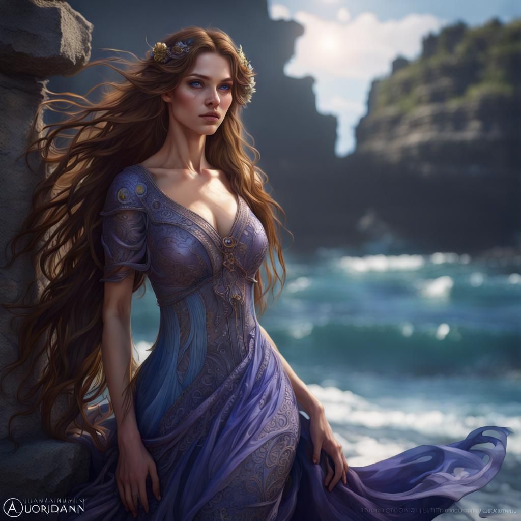 Fantasy Woman with Blue Dress, Art Nouveau Style