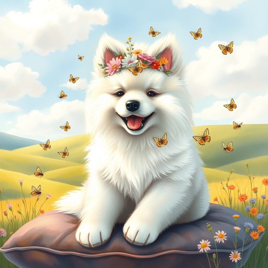 Samoyed Puppy with Wildflower Crown in Watercolor Style