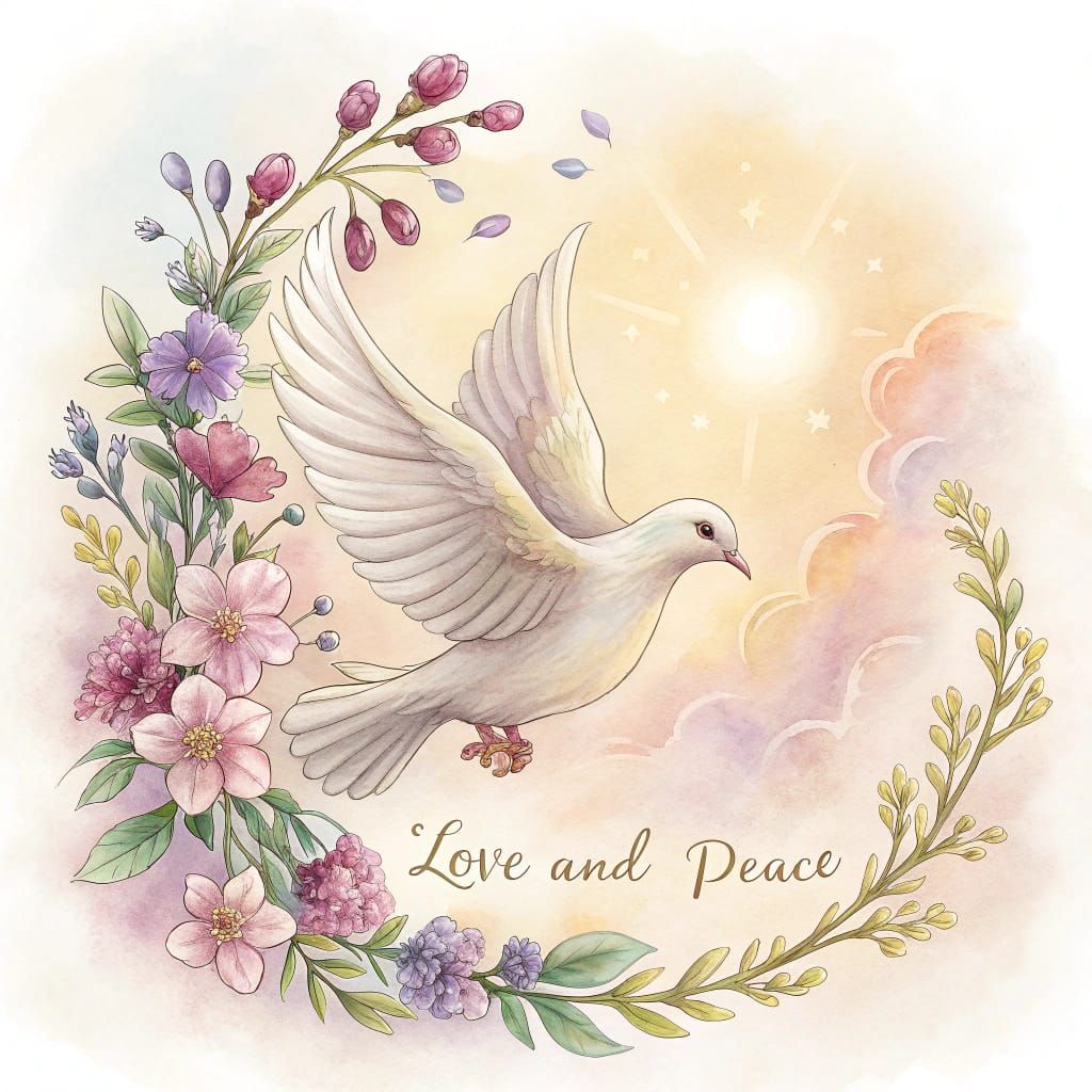 Spiritual Watercolor Dove with Flowers and Olive Branches