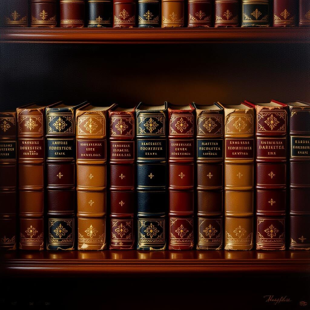 Antique Books on Mahogany Shelf in Oil Painting Style