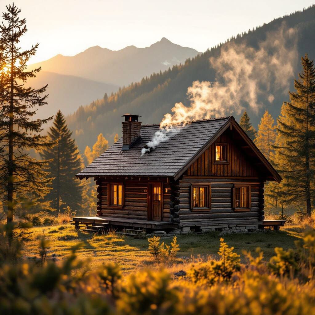 Log Cabin in Golden Hour Mountain Landscape