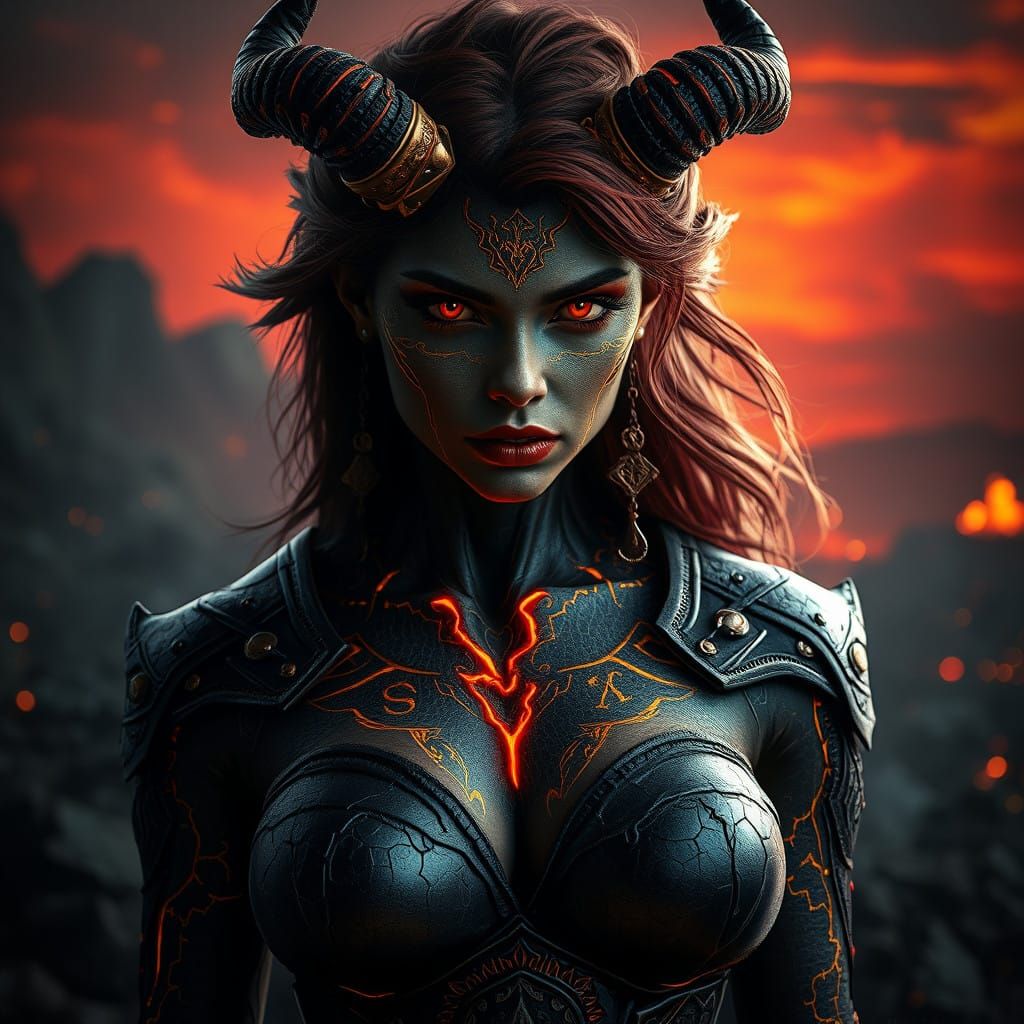 Mystical Demoness Portrait in Obsidian and Gold